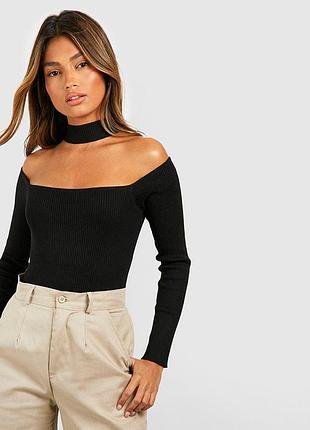 Boohoo черный топ с открытыми спущенными плечами и чокером длинный рукав топик кроп топ