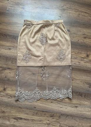 Юбка миди беж с кружевом zara s/m