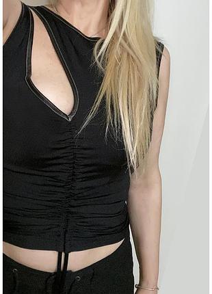 Eur 38 черный сексуальный топ завязки спереди внизу вертикальная кулиска асимметричный вырез