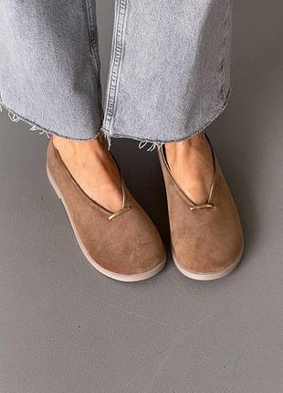 Темно бежевые натуральные замшевые туфли балетки barefoot с анатомическим круглым носом носиком замша беж капучино