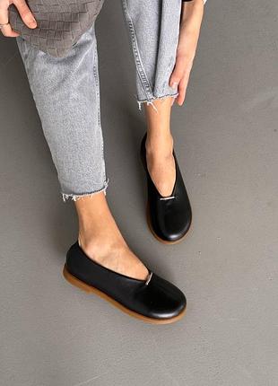 Черные натуральные кожаные туфли балетки barefoot с анатомическим круглым носиком кожа