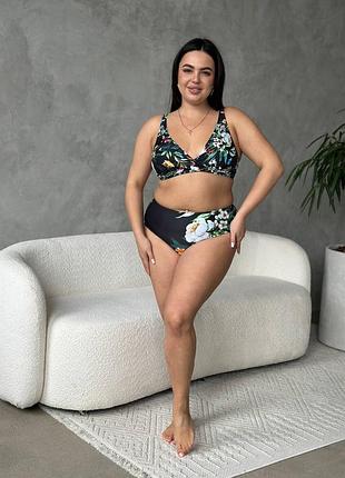 Sw1579 чорний роздільний купальник з квітами plus size високі плавки