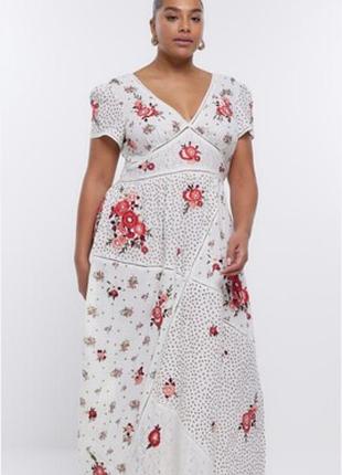 River island plus - кремово-белая макси-платье с клаптевой вышивкой и цветочным принтом 50 размер