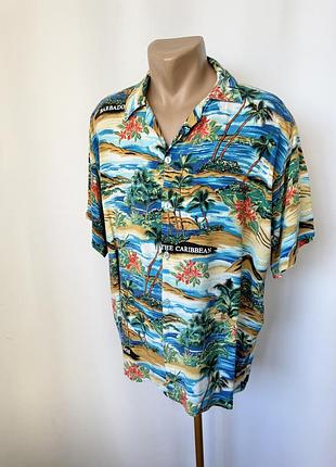 Гавайка пляжная рубашка барбадос голубая принт пляж океан пальмы тенниска гавайка