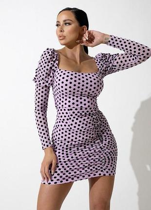 Бузкова коротка міні сукня довгий рукав квадратний виріз горошок святкова вечірня