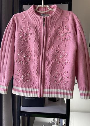Красива кофта на змійці для дівчинки 7-10  років рожева кофта з перлинками