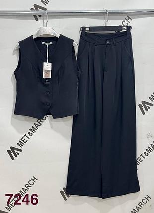 Черный базовый костюм штаны палаццо и жилетка на подкладке