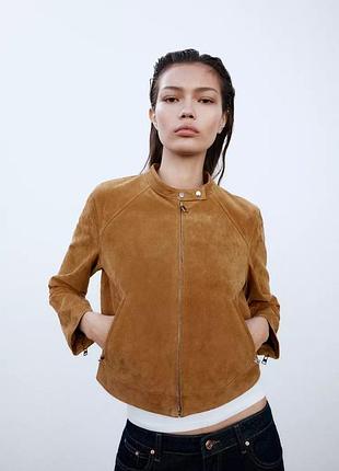 Коричневая кожаная куртка женская zara new