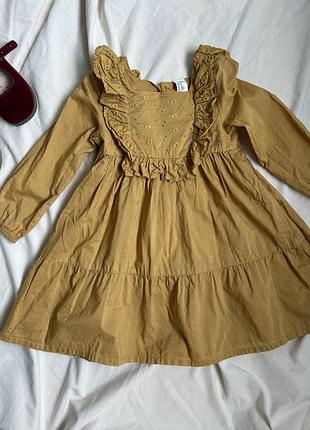 Платье h&m на девочку 3 года горчичное желтое с оборками длинный рукав хлопок