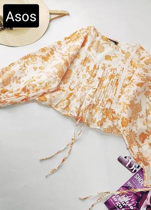 Сорочка жіноча біла в помаранчевий квітковий принт з широкими обьємними рукавами від бренду asos s m