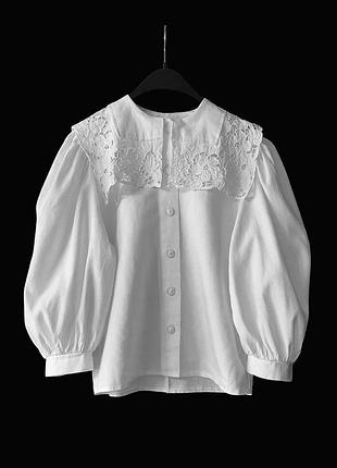 Льняная сорочка рукава буф акцентный воротник кружево ришелье винтаж landhaus женская льняная рубашка объемный рукав сорочка в морском стиле