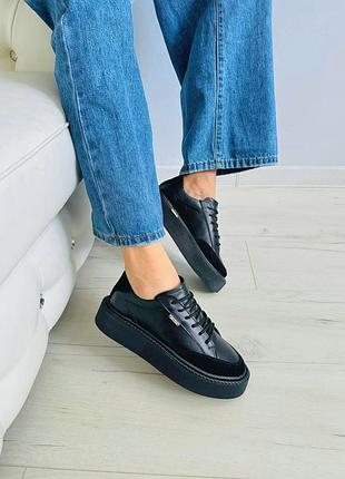 Черные кеды на массивной подошве комбинация натуральной кожи и замши р36-41