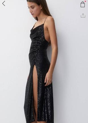 Асиметрична шикарна блискуча чорна сукня міді в паєтках pull & bear
