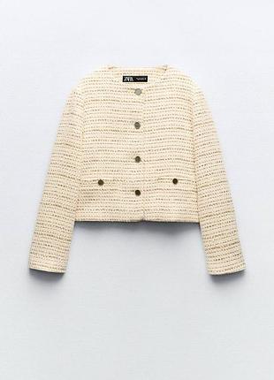 Zara укороченный короткий твидовый жакет пиджак в стиле олд мани old money ретро винтажный бежевый