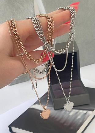 Подвеска тройная медсталь и родиной, сердечко цепочки колье