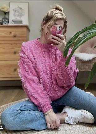 В'язаний светр оверсайз з рюшами пишні рукави barbie pink