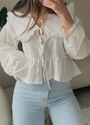 Жіноча сорочка з об'ємним коміром на зав'язках лляна з натуральної тканини льону оверсайз вільного крою чорна біла