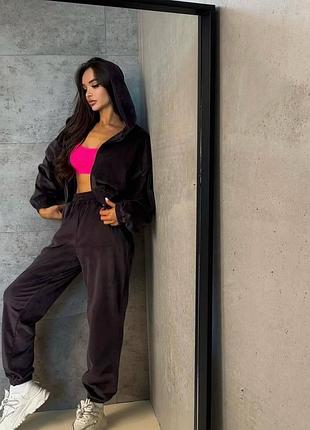 Спортивний велюровий костюм двійка кофта штани чорний барбі рожевий срібло сірий