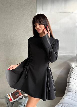 Невероятно стильное платье в длине мини с завязками по бокам платье женское с акцентом на талии шоколадная черная