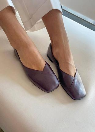 Балетки женские кожаные цвета бургунди с квадратным носиком бордовые