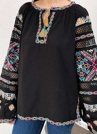Колоритна блуза вишиванка, українська вишиванка, етно сорочка з вишивкою2 фото
