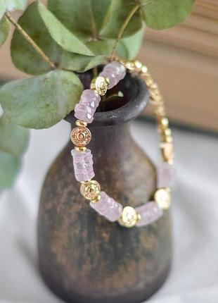 Браслет натуральный розовый кварц мадагаскар + гематит монетка, фур-ра гип-сплав цвет золото d-7мм+- l-19-24см