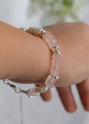Браслет натуральный розовый кварц + жемчуг, фур-ра гип-ный сплав цвет серебро d-7мм+- l-19-24см