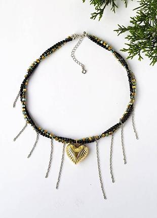 Чокер двухрядный натуральный гематит + подвеска сердце с подвесной цепочкой, гип-ный сплав d-4мм+- l-39-44см