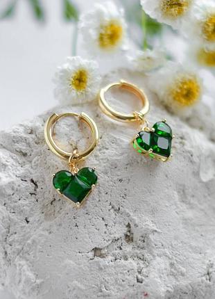 Серьги-подвески сердце цвет зеленый, фурнитура гипоаллергенный сплав цвет золото l-35мм