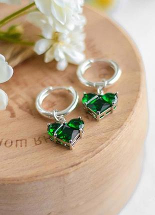 Серьги-подвески сердце зеленый, фурнитура гипоаллергенный сплав цвет серебро l-35мм