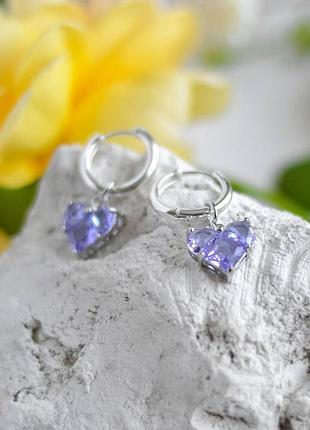 Серьги-подвески сердце цвет сиреневый, фурнитура гипоаллергенный сплав цвет серебро l-35мм
