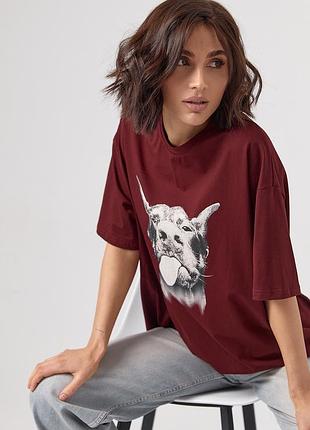 Однотонна футболка oversize з контрастним принтом добермана2 фото