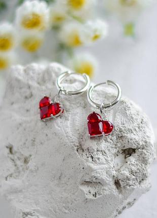 Серьги-подвески сердце красный, фурнитура гипоаллергенный сплав цвет серебро l-35мм