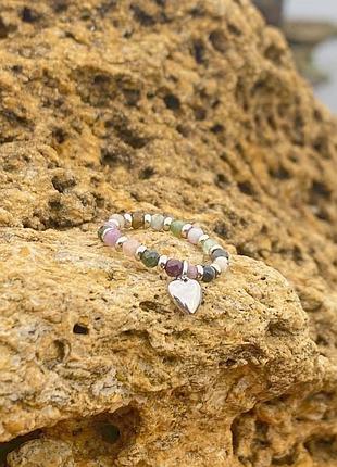 Кольцо из натурального турмалина+сердце родиной гипоаллерген.сплав d-3мм 15-19р-р на резинке