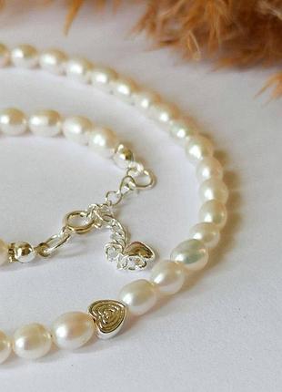 Чокер жемчуга рис+бусина сердце гипоаллергенный сплав цвет серебро d-6*5мм l-40-45см