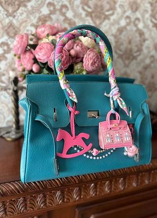 Сумка birkin яркая и сочная, натуральная кожа,  35см бирюзовая сумочка
