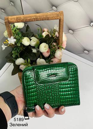 Женский кошелек зеленый кожаный из натуральной кожи лакированный с клапаном на магните на молнии из крокодила средний вертикальный