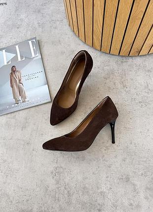 Женские туфли лодочки каблук 8 см натуральная замша коричневого цвета 9976