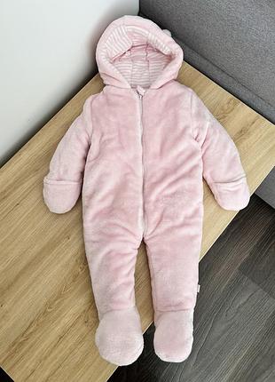 Утеплений рожевий комбінезон тедді для немовля дівчинки 6-9 міс демісезон