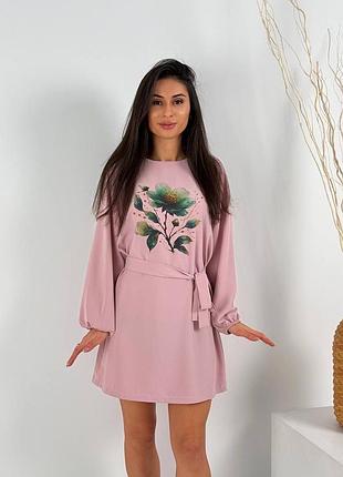 Платье женское мини свободное с поясом платье стильное короткое на длинный рукав с цветами бантиками белый бежевый голубой бежевый