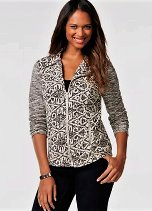 Кардиган трикотажный нейтрального цвета  с  принтом  ацтеков,на молнии  l