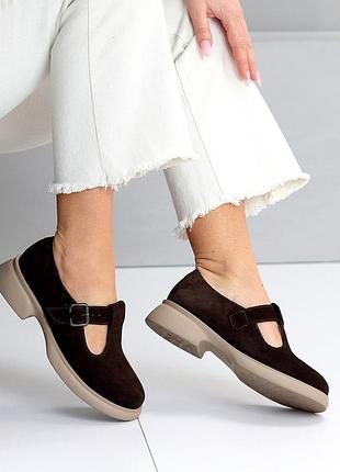 Стильные женские замшевые коричневые туфли на каблуке осенние натуральная замша весна осень