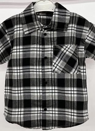 Рубашка детская подростковая хлопковая, с коротким рукавом, клетчатая, в клетку, черная