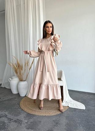 Жіноча сукня з довгим рукавом з манжетами  воланами та паском 108