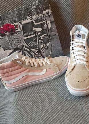 Высокие женские кеды vans текстиль и натуральный замш бежево розового цвета размер 40