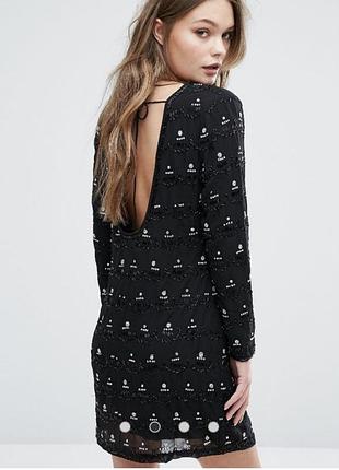 Черное коктейльное вечернее платье мини-Па look premium с длинным рукавом, открытой спиной, расшитое бисером, пайетками