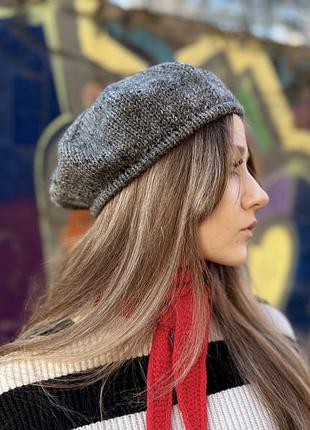 Темно-серый вязаный берет с пайетками, женский французский берет на весну, беретка, ручная работа