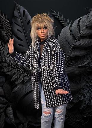 Пальто  с бахромой kaleidoscope в полоску ёлочка с карманами полупальто