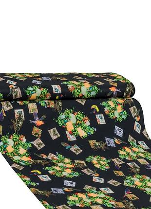 Черный костюмный материал "barbie" с принтом в стиле ретро, отрез 1,5 м.п.