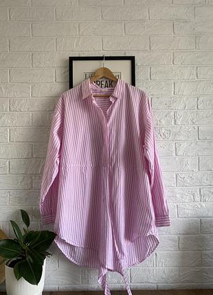 Сорочка блузка 👚 полоска розовая белая длинная завязки хлопок body flirt,42,l